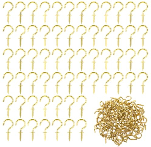 Amaxiu 100 Pack Small Metal Screw Hooks, 1/2 Inch Jewelry Hooks String Lights Keys Hooks Mini Screws Ceiling Hooks Hanging Plants Art Ornaments Cup Christmas Decoration(Gold)