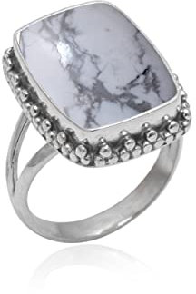 Veracity Jewelry 925 Sterling Silver Gemstone Statement Rings – Gift For Birthday Wedding Anniversary Mother's Day Ring – Vintage Boho Style Handmade Gifts (Howlite White Buffalo Turquoise)