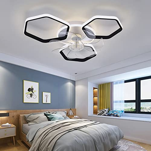 YFHKWJ Silent LED Deckenventilator Mit Licht Und Fernbedienung Reversibel Modernes Design Fan Licht 6 Geschwindigkeit Für Schlafzimmer Wohnzimmer Deckenventilator-A||60CM-Black