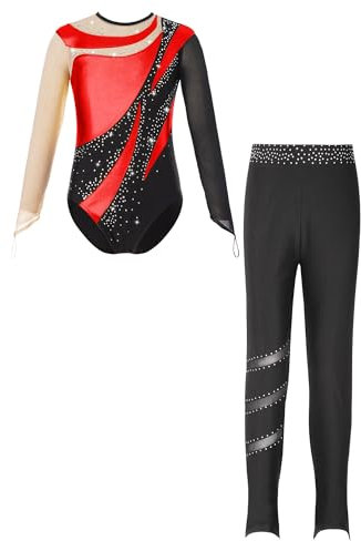 FEESHOW Kinder Mädchen Turnanzug Mit Hose Langarm Glitzer Gymnastik Trikot Tanz Leotard Ballett Body Leggings Set Ballett Tanzkleidung Rot_A 134-140