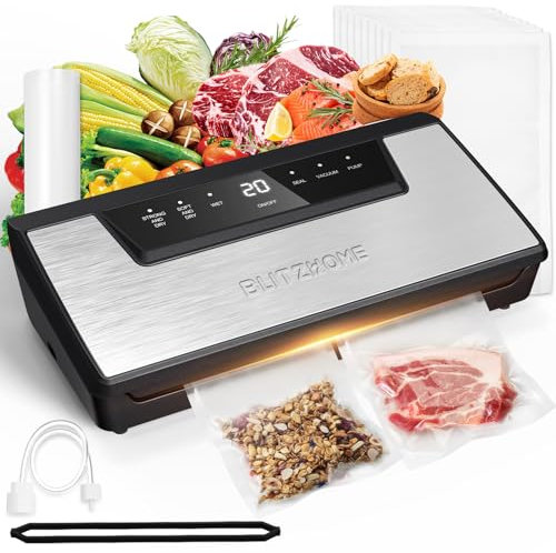 BLITZHOME - Vacuum Sealer Machine, 6 Easy Modes for Dry/Wet/Sous Vide Food Storage, Built-in Cutter/Storage, Visual Sealing Time, Sealer, BH-HE-1