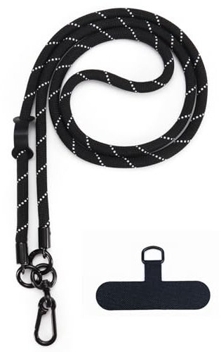 Huakaile Detachable Nylon Mobile Phone Lanyard Universal Adjustable Phone Strap Crossbody Thick Rope CellPhone Neck Strap with Hook Wrist Strap Patch for Most Smartphones （Black）