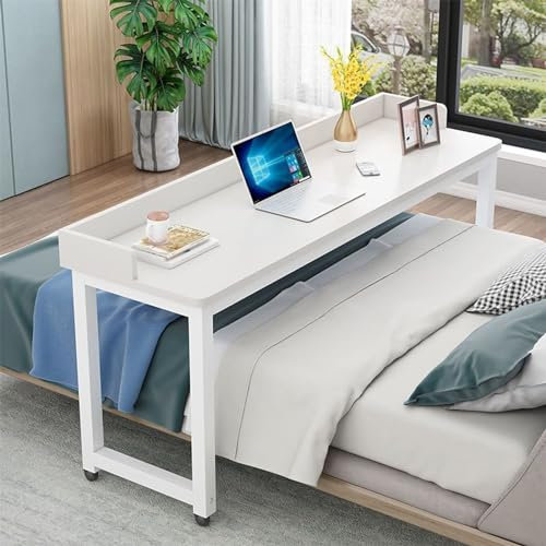 Overbed Table, Over Bed Table with Wheels, Rolling Bed Table, Large Bed Desk with Surrounding Baffle, Works as Bar Table, Dining Table or Laptop Bed Table(White+white frame,120 * 40 * 80cm)