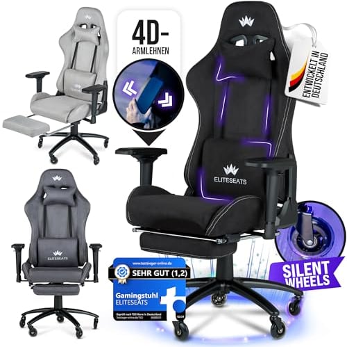 ELITESEATS Gaming Stuhl Ergonomisch [TESTSIEGER] Kratzerfreie Rollen Atmungsaktiv, 4D-Armlehnen, mit Fußstütze | Ergonomischer Gamingstuhl Stoff 150 kg Belastbarkeit | Gaming Chair | Gaming Sessel