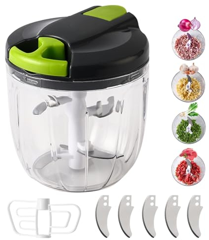 Genossen Affettatrice manuale per cipolle, tritatutto per cipolle con 3 lame in acciaio inox e 1 frullatore, tritatutto multiplo con cordicella, tritatutto per cipolle, aglio (Verde-900ml)