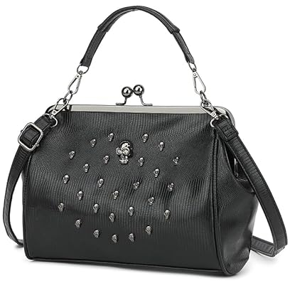 Damen Vintage Hohl Handtasche PU Leder Kiss Lock Niet Totenkopf Schulter Umhängetasche Abend Clutch Satchel Geldbörse (Schwarzer Vollschädel)