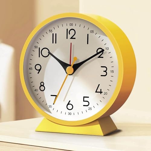 Analog Alarm Clock with No Tick, Small Retro Desk Battery Operated, Table Clock for Living Room Decor, Bedroom, Bedside, for Kids(Yellow)