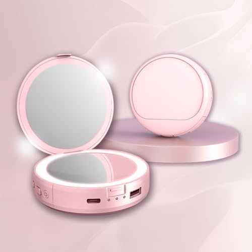 OBEST 4-in-1-Elektrischer Handwärmer,Power Bank mit Schminkspiegel mit LED-Fülllicht,2 Lichtmodi,3-stufige Temperatureinstellung, Mini-Schminkspiegel mit Teillupe, tragbarer Handwärmer und Powerbank