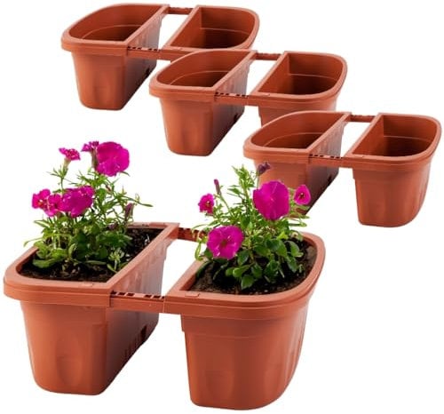 GarPet 4X Blumenkasten Balkongeländer Beidseitig Balkon Blumenkasten Doppelseitig Balkonkasten mit Halterung Geländerkasten mit Wasserspeicher Teracotta 40 cm