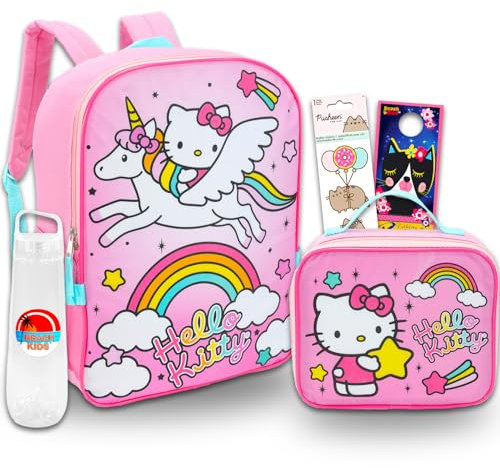 Mochila de Hello Kitty con bolsa de almuerzo para niñas, paquete con mochila de Hello Kitty, lonchera de Hello Kitty, botella de agua, calcomanías, más | Juego de mochila escolar Hello Kitty