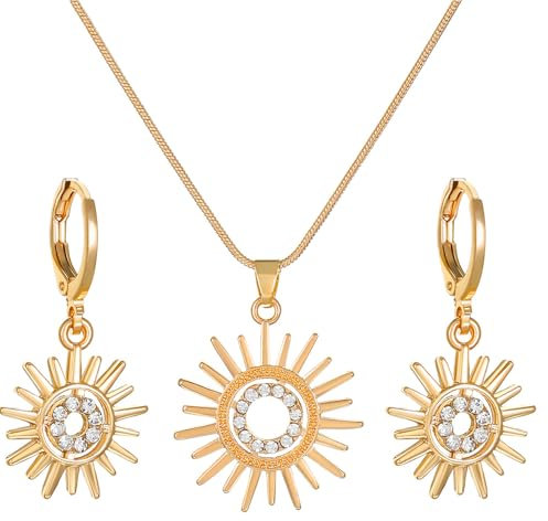 FDEETY Elegantes Schmuckset für Frauen 18K Vergoldetes Sonnen-Design mit Kristallen Halskette und Ohrringe Perfekt für Hochzeiten Partys und besondere Anlässe