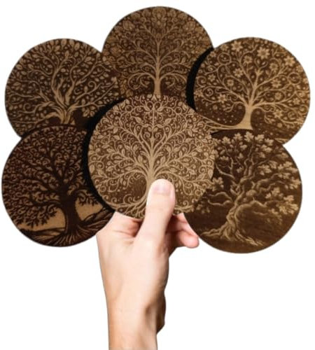 Posavasos de Madera Árbol de la Vida – Set de 6 Reposavasos Decorativos | Tapete de Vasos Espiritual para Bares, Restaurantes, Hogar | Protección y Energía Positiva Rústica