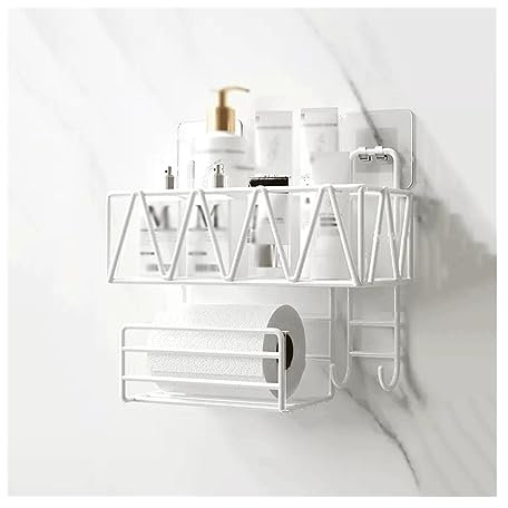 Bathroom Shelf, Toilet Wall Storage Rack Washstand Double Layer Cosmetic Storage Rack with Tissue Holder and Hook Wall Mounted Metal Storage Rack Without Punching ,Wall Shelves for Bathroom(White)