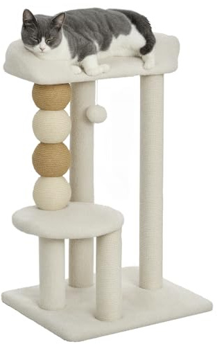 PawHut Albero Tiragraffi per Gatti con Piattaforma 48.5x40x76 cm Beige | Pallina Giocattolo, Lettino Superiore, Trespolo per Gatti, Legno Iuta Peluche