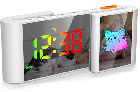 Lancoon Kinderwecker RGB Display Weißer Hund | Cartoon Nachtlicht, Automatisch Dimmende Schlummerfunktion, Lautstärke einstellbar, Zwei Alarme