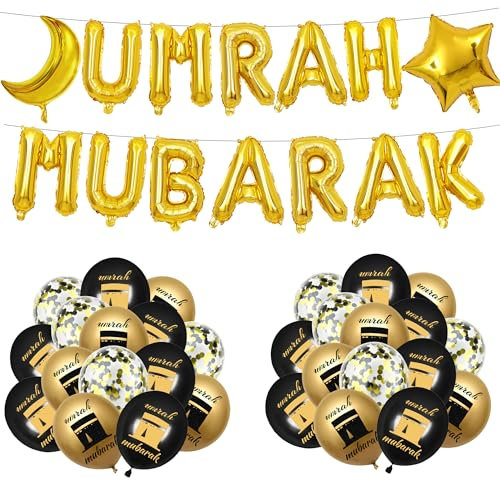 Umrah Mubarak Ramadan Decoration Set - 44 Pcs Schwarz Gold Ramadan Deko Balloons Umrah Geschenk For Muslim Party Islamic Festival Topper Umrah Mubarak Decorations