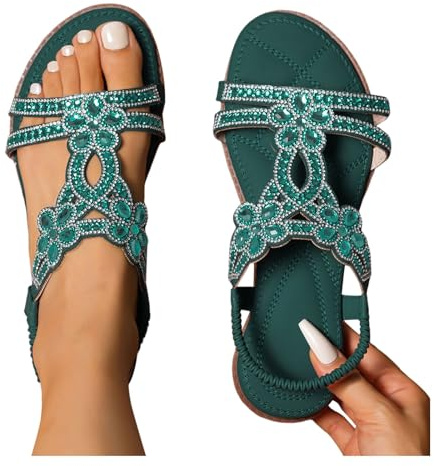 Glitzer Sandalen Damen Sommer Elegant Flach Strass Schuhe Mädchen Sommerschuhe Frauen Bequem Weichen Sohlen Damensandalen Gummiband Slingback Sandaletten Strandschuhe