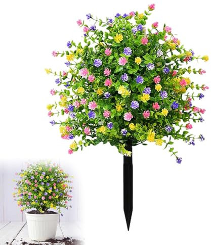 Buis sphériques artificiels avec fleurs, plantes artificielles d'extérieur avec piquet, plantes artificielles pour porte d'entrée, jardin, cour, terrasse et porche (coloré, 1 pièce)