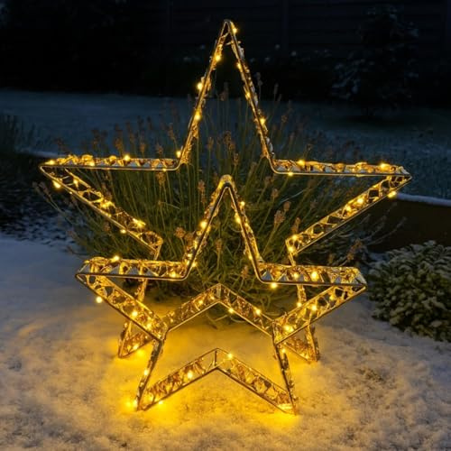 2er Set LED Weihnachtssterne mit Folieneffekt - LED-Lichterkette mit Funkeleffektt - Leuchtsterne mit 6-Stunden Timer - Weihnachtsdeko, Outdoor geeignet (Gold)