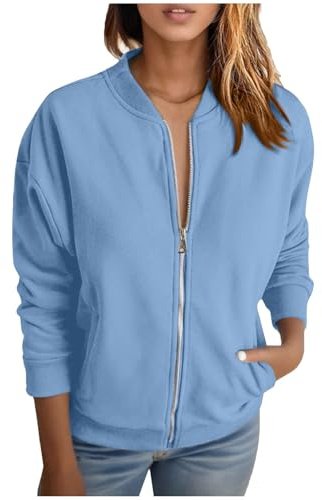 Gefomuofe Felpa senza cappuccio, da donna, tinta unita, a maniche lunghe, con colletto con cerniera, giacca da aviatore, giacca autunnale, outwear