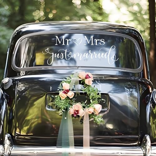 Just Married Car Decals, Mr & Mrs Just Married Love Wedding Car Decoration Vehicles Body Side Mirror Window Sticker Decals Wall Stickers for Honeymoon Wedding Day