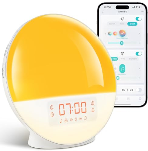 nuosife Wake Up Light Sunrise Alarm with App Control & Bluetooth for Room | 11 Color Night Lights, Dual Alarms, FM Radio, 7 White Noise Sounds, Touch Control, USB Charging