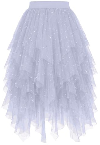 Damen Tüllrock High Low Lang A-Linie – Layered Puffy Tutu Rock Damen mit Glitzer, Unregelmäßiger Midi Rock für Karneval, Fasching, Fee & Prinzessin Kostüm, Silvester Outfit, Große Größen