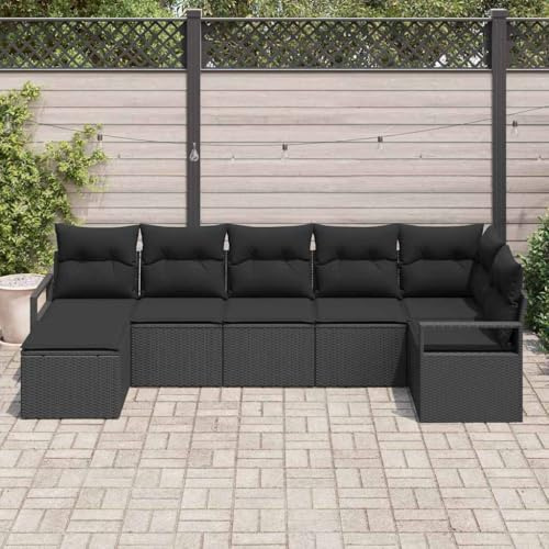 QUAHEAS Garten Sofa Set mit Kissen, 7-teilig, Schwarz Poly-Rattan, modular, wetterfest, für 6 Personen, mit Stauraum für Terrasse & Balkon