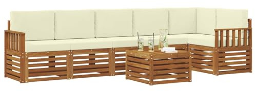vidaXL Sofagarnituren 7 pcs Natur und Creme Massivholz Akazie, Moderne Garten-Sofagarnituren, robuste Loungemöbel, Akazienmodule für entspanntes Chillen im Freien