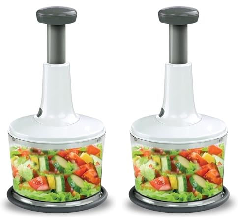 Unibos | Manual Press Food Chopper Pack Of 2 – 8.5 Cup Veg Chopper & Onion Dicer, Hand Push Garlic Mincer, Vegetable Cutter With 3 Stainless Steel Blades, Non-Slip, Easy Clean