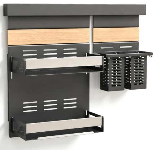 doporro Küchen-Organizer 52cm mit Gewürzregal Wand und 2 Besteckhalter | Hakenleiste Küche 52 cm aus Metall, mit Smartphone-Ablage, inkl. 5 Haken, Küchen Wandregal Schrauben oder Kleben, Grau Reglo