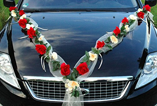 Rosen Girlande Braut Paar Rose Deko Dekoration Autoschmuck Hochzeit Car Auto Wedding ®Auto-schmuck Deko PKW (Rose Orchidee Rot/Ecru)
