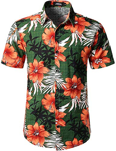 JOGAL Herren Casual Floral Blumenmuster Kurzarm Hawaiihemd Small Grün