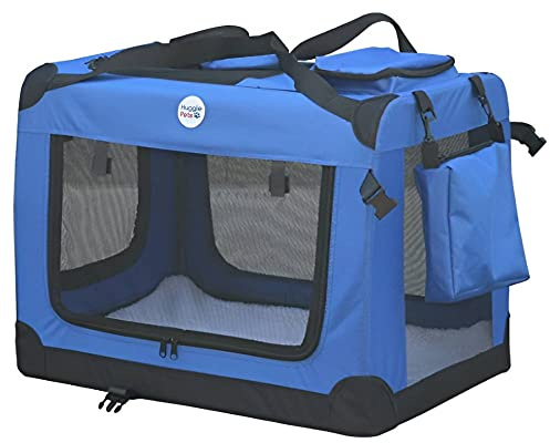 HugglePets Foldable Fabric Pet Crate Carrier - Blue (Small 50 x 34cm) Lightweight & Ventilated Double Door Carrier for Dogs & Cats with Sheepskin Mat. Ideal for Home & Travel.