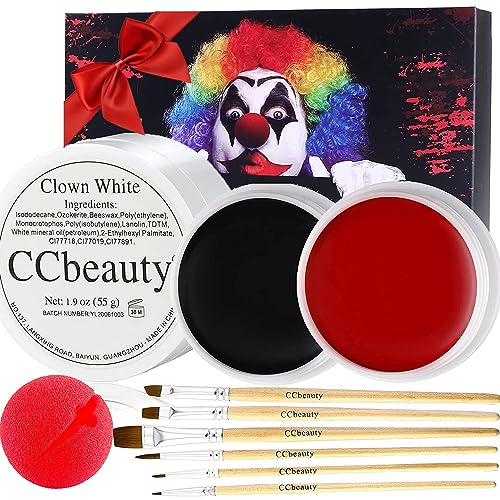 CCbeauty Face Paint Theaterschminke Weiß Schwarz Rot mit Clownsnase und Makeup Pinsel, Gesichtfarben Set für Kinderfeste Halloween Karneval Mottopartys Zombie Vampire Clowns