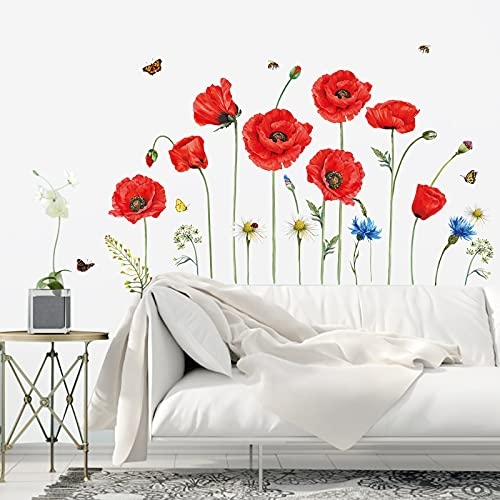 decalmile Wandtattoo Mohnblume Blume Rote Wandsticker Pflanzen Schmetterling Wandaufkleber Schlafzimmer Wohnzimmer Küche Wanddeko