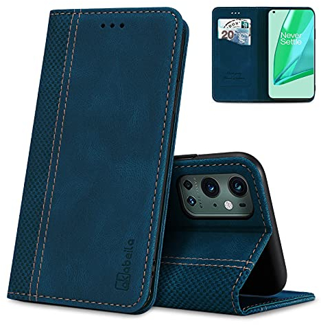 AKABEILA OnePlus 9 Pro Hülle, Premium Leder Flip Wallet Case mit Magnetverschluss, Ständer und Kartenschlitzen, Stoßfeste Handyhülle, Blau
