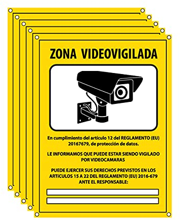 Cartel videovigilancia - Placa zona videovigilada – Carteles cámara vigilancia 20x15 cm - Amarillo Interior-Exterior - PVC (5 Piezas Cartel Videovigilancia)