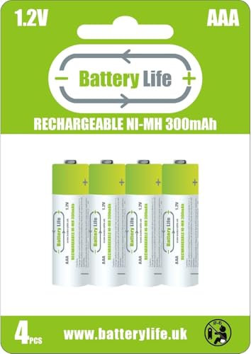 Battery Life AAA Rechargeable Batteries (4 pack) 300mAh Ni-MH 1.2v Household UK Brand ideal for solar lights and cordless phones