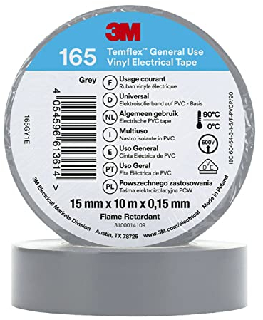 3M Temflex Cinta eléctrica de vinilo 165, gris, 15 mm x 10 m, 100 rollos/caja