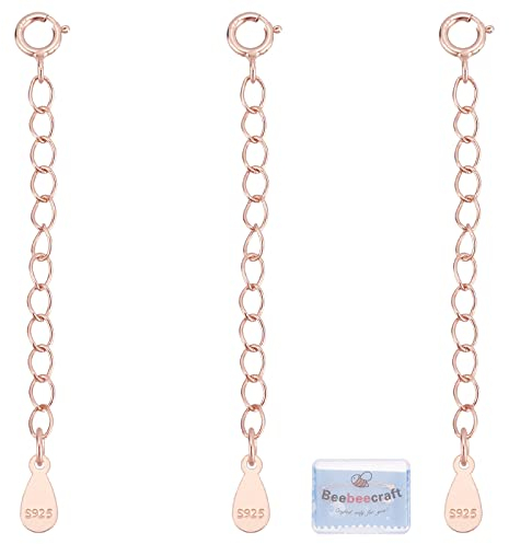 Beebeecraft 3Pcs Rose Gold Necklace Extenders 925 Sterling Silver Bracelet Anklets Extender Chain with Spring Ring Clasps and Polishing Cloth for Jewelry Making