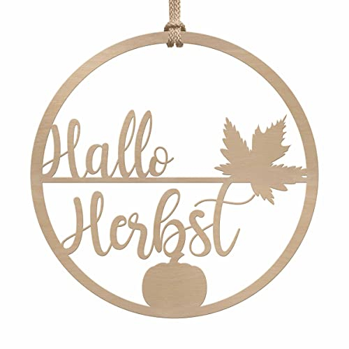 Holz Türkranz Herbst außen & innen - Holzkranz Haustür Tür Fenster - tolle Herbstdeko zum Aufhängen - Herbstliche Dekokränze Willkommen Schriftzug - Herbsttürkränze Deko Kranz (Festes Design)