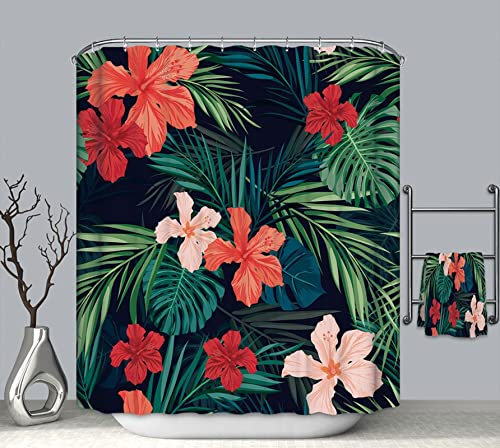 EHOMERY Rideau Douche Industriel Rideaux Salle De Bain Fenetre Feuilles Fleur Anneau Rideau Douche Grand Format Rideau Fenêtre Salle De Bain Polyester Vert Rouge 120X180Cm