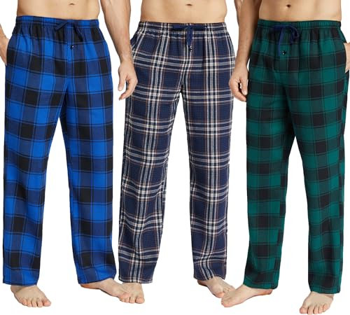 JupiterSecret Bas de Pyjama Homme en Flanelle, Pantalon Long à Carreaux Avec Poches et Boutons, Décontracté Pour La Maison, Paquet de 3, M
