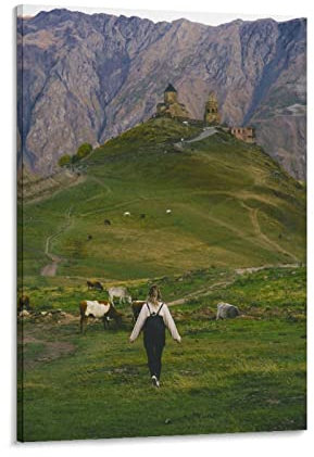 flechr Póster de pintura de pared con diseño de castillo de montaña verde, ganado, pastizal, pintura de pared, pósteres, decoración moderna para el hogar, 50 x 75 cm