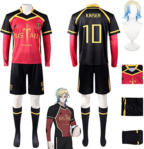 Tjmiaohao Anime Blue Lock No.10 Michael Kaiser Cosplay Kostüm Outfit Football Jersey Sportswear Uniform Full Set Halloween Karneval Dress Up Anzug mit Perücke für Herren Jungen (M)