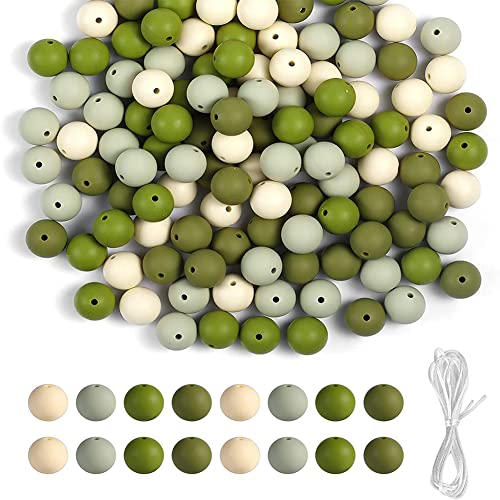 Creperture 120 Stück Silikonperlen für die Herstellung von Armbändern, 15mm Silikonperlen Bunte Runde Bastelarbeiten Lose Perlen mit Seil für Halsketten, Schmuckbänder, Schlüsselanhänger, Grün