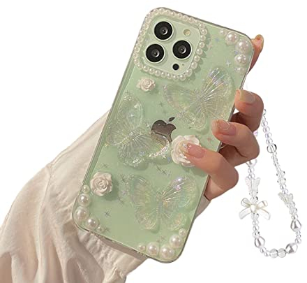 Ownest Compatible with iPhone 15 Pro Max Case, Butterfly Floral Clear Cover with Aesthetic Design Women Teen Girls Glitter Crystal Sparkly Cute Girly Phone Case for iPhone 15 Pro Max +Pearl Chain