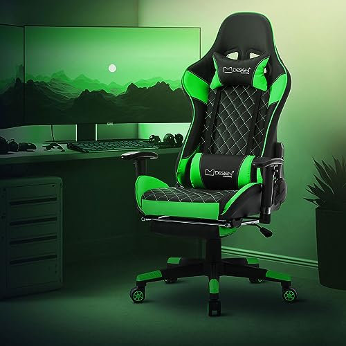 ML-Design Gaming Stuhl mit Fußstütze, Grün, Kunstleder, Ergonomischer Bürostuhl mit Armlehne, Kopfstütze, Lendenkissen, Drehstuhl verstellbar, Hohe Rückenlehne, Racing Gamer Stuhl Schreibtischstuhl