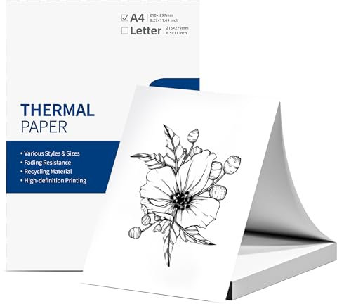 ItriAce M08F Thermopapier falten, Thermopapier A4, Kompatibel mit M08F, MT800, MT800Q und anderen tragbaren A4-Druckern, 210x297mm, 200 Blatt